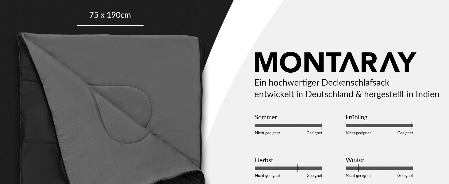 Montaray® Sleeping Bag with Hood -3°C - Outdoor Winter & Summer Sleeping Bag for Men & Women - 3-4 Season, Hut Sleeping Bag (75 x 220 cm)
