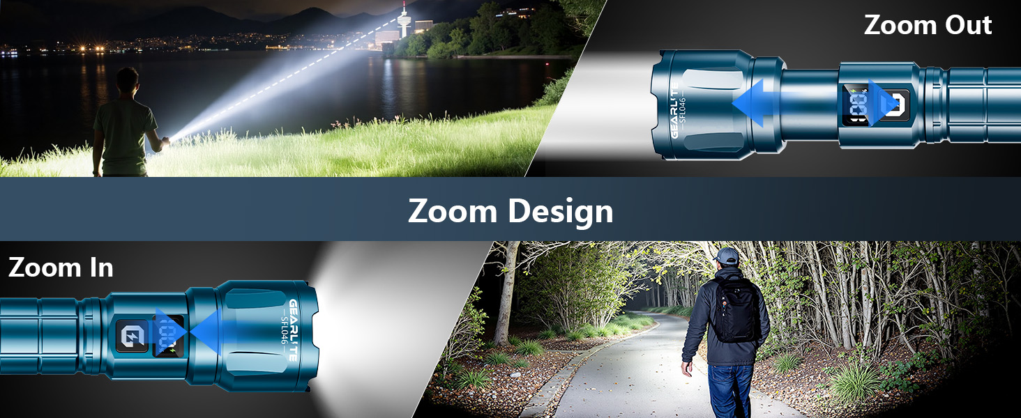 LED ліхтарик Gearlite з підзарядкою, 6000 люмен, тактичний, з регулюванням фокусу, 3 режими, водонепроникний IP65, для кемпінгу, риболовлі, надзвичайних ситуацій, походів (блакитний, 1 шт.)