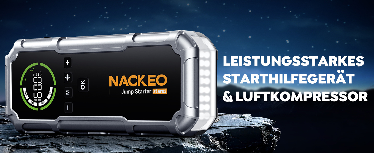 Портативний зарядний пристрій Starthilfe 8000A з компресором 160PSI, 12V для автомобілів, 20000mAh, LED-ліхтар 600 Lumen, LCD-дисплей, сріблястий