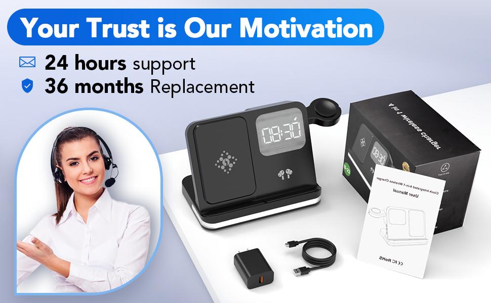 Бездротова зарядка 4-в-1 з будильником для Samsung Galaxy: Watch, Buds, Fold, Flip, S-серії (чорний)