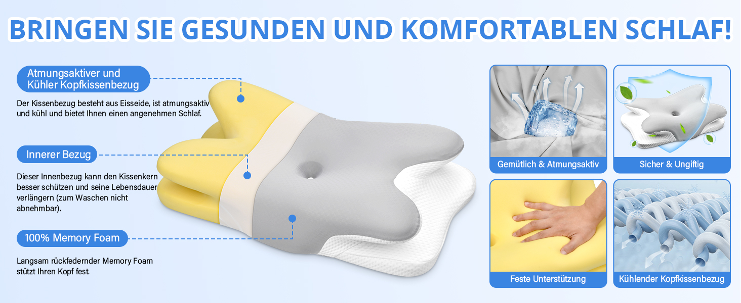 Подушка для шиї Ehomfory з Memory Foam, ергономічна для сну на боці, спині та животі, 67x37x9/12 см (Срібляста)