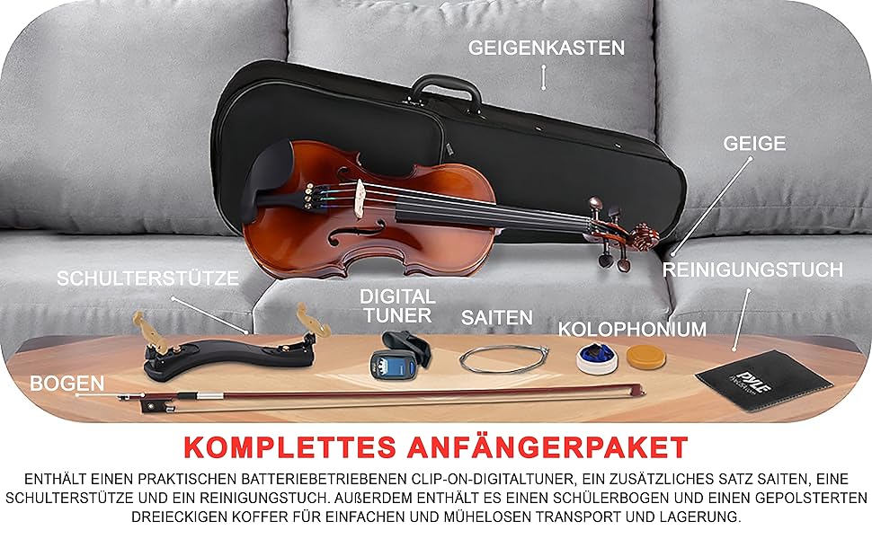 Скрипка Pyle Instrument 3/4 з дерева – повний набір для дітей та початківців: скрипка, стійка, підставка, тюнер, коліньйон, запасні струни та футляр