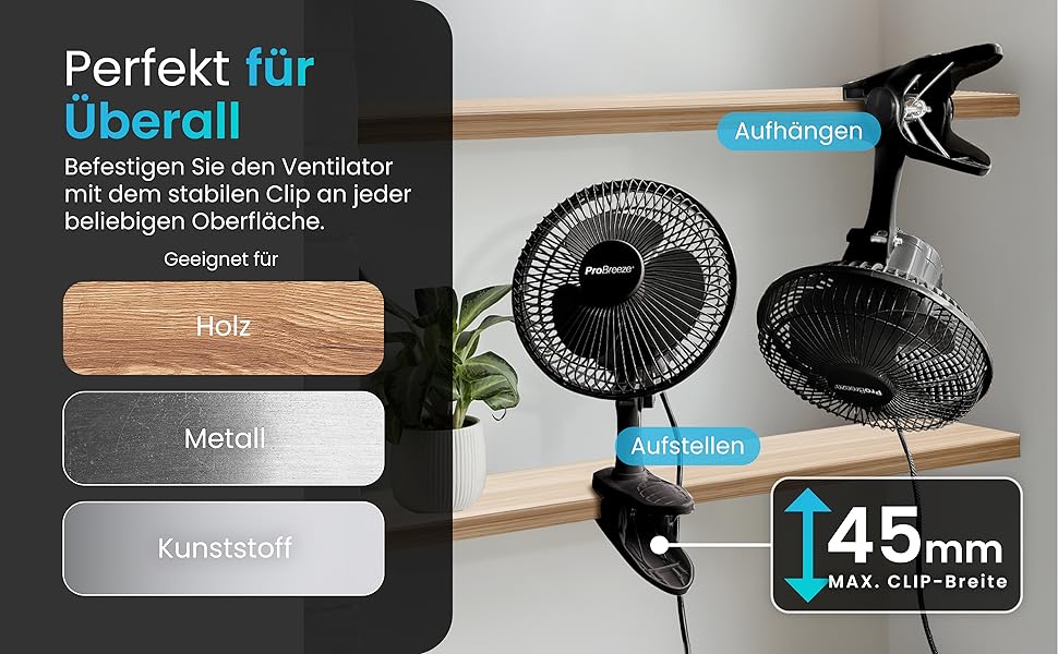 Mini вентилятор Pro Breeze з кліпсою, 20 см, 2 швидкості, тихий, для столу, офісу, кімнати (Чорний)