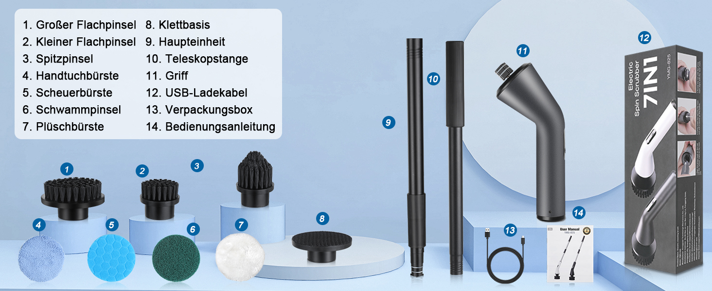 Електрична щітка для чищення, Spin Scrubber з 7 насадок, водонепроникна IPX7, регульована ручка, для ванної кімнати, кухні, плитки, авто, підлоги