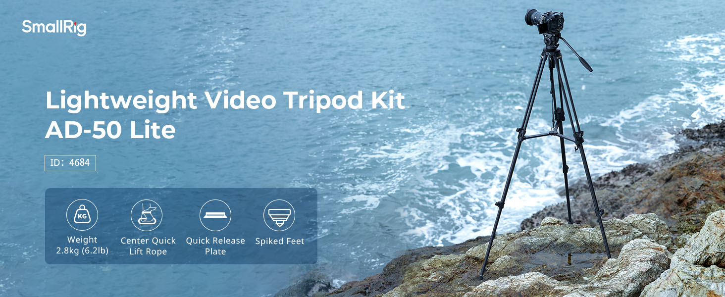 SMALLRIG штатив відео 158 см з fluid-головкою 360°, легкий штатив для камери з алюмінієвого сплаву, QR-плата, підйомний трос, для DSLR, відеокамер, 5 кг, AD-50Lite - 4684