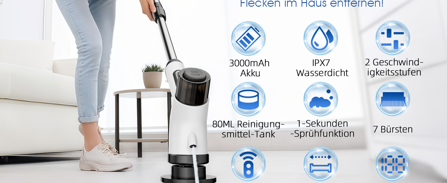 Електрична щітка для прибирання з акумулятором 3000mAh, 7 насадок, регульована ручка, IPX7 водонепроникність, 2 швидкості, для ванної кімнати та плитки, кремово-білий колір (Коричнева Хмара)