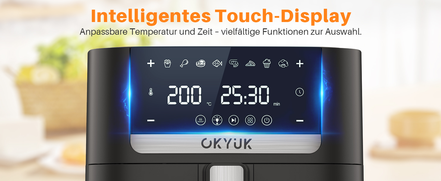 Аерофритюрниця OKYUK 6л XL 1200W з металевим внутрішнім резервуаром: безмасляна фритюрниця з 8 програмами, LED-дисплеєм, таймером