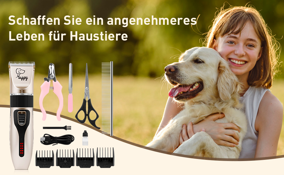 Безшумна машинка для стрижки собак та котів з 2 швидкостями, акумуляторна, бездротова, з 11 насадками (чорний/золотий)