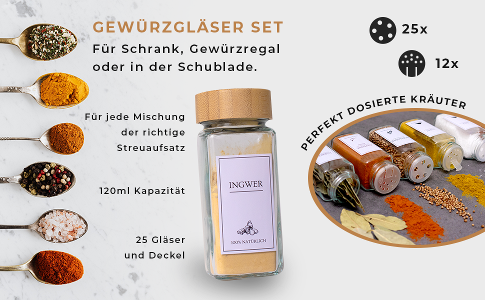Набір склянок для спецій Comforder, 25 шт, органайзер для спецій із кришками, наліпками та лійкою, квадратні баночки 120 мл, бамбук