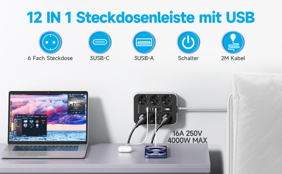 Мережевий фільтр 6-фазний з USB (3 USB-A, 3 USB-C), настінний, з вимикачем та кабелем 2м, захист від перенапруги, чорний