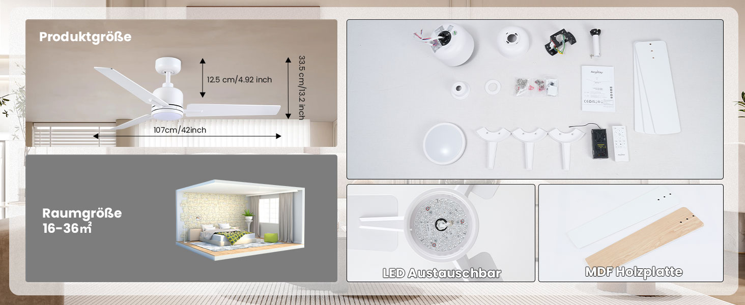Стеля вентилятор Newday 122см з підсвічуванням та пультом керування, тихий, DC мотор, реверс для спальні/вітальні (білий, дерево)