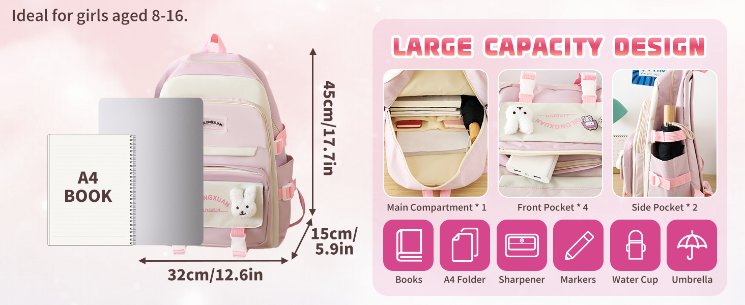 Набір шкільних рюкзаків IvyH 5-ти частинний: рюкзак для дівчинки, сумка для школи, підліткові рюкзаки, рюкзак для дівчаток 3-7 класів, набір шкільних сумок з пеналом та нагрудником, 45 см, рожевий 8583#