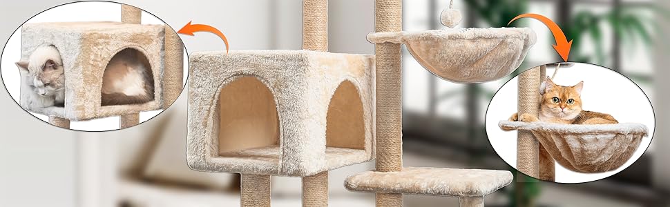 Клітка-кіт для котів Kratzbaum 145 см: Кліматичний комплекс з сизалевих стовпів, печери, платформ та лежанки для кошенят (Бежевий)