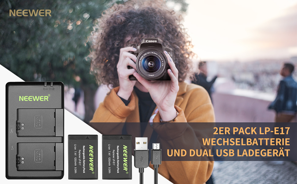 Запасний акумулятор Neewer для Canon EOS 7D Mark II та інші моделі, 2 шт. 2000mAh, комплект з зарядним пристроєм (LP-E17)