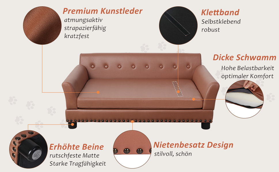 Софа для собак BingoPaw Luxus: велика ортопедична лежанка для собак XL з дихаючого водонепроникного шкірозамінника, сучасна лежанка для тварин з підголівником та дерев'яними ніжками, 120x74x40 см (колір: коричневий)