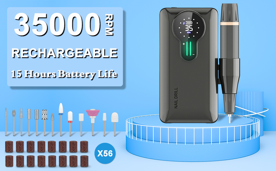 Професійний нігтефрезер ENGERWALL 35000 об/хв з акумулятором 20 годин, електрична машинка для манікюру з 7 насадками, бездротова, для акрилу та гелю, срібляста (Pro).