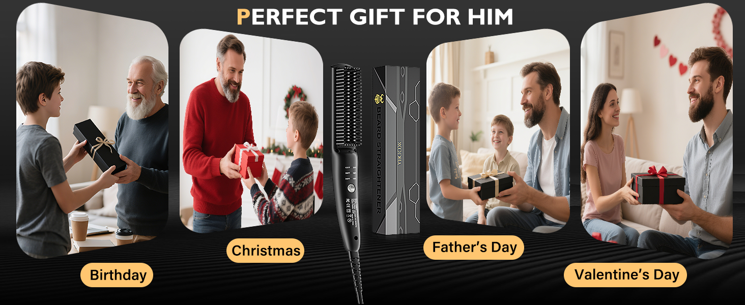 VIKICON Випрямляч для бороди чоловічий, мініатюрний електричний, швидкий нагрів, щітка-гребінець, іонний випрямляч для догляду за коротким та довгим волоссям, чорний