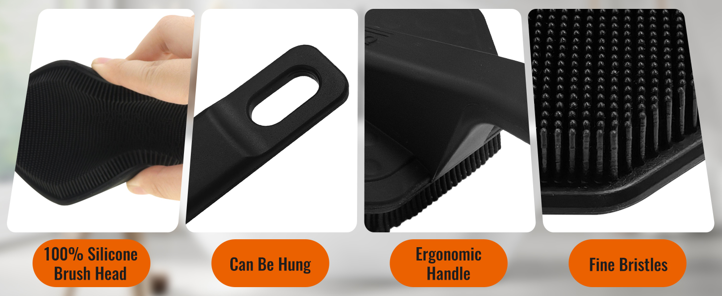 Силіконовий скребок для тіла під душ з довгим руків'ям, двостороння дзеркальна щітка для душу для скрабу та масажу, створює багато піни, скребок для спини з довгим руків'ям для чоловіків (Елегантний чорний)