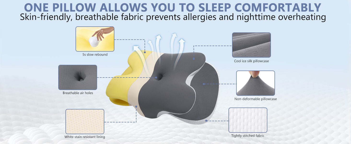 Подушка для шиї з піни Memory Foam A-Pce: ергономічна подушка для сну на боці, спині та животі, знімний дихаючий чохол - сіро-чорний 65x39x14 см