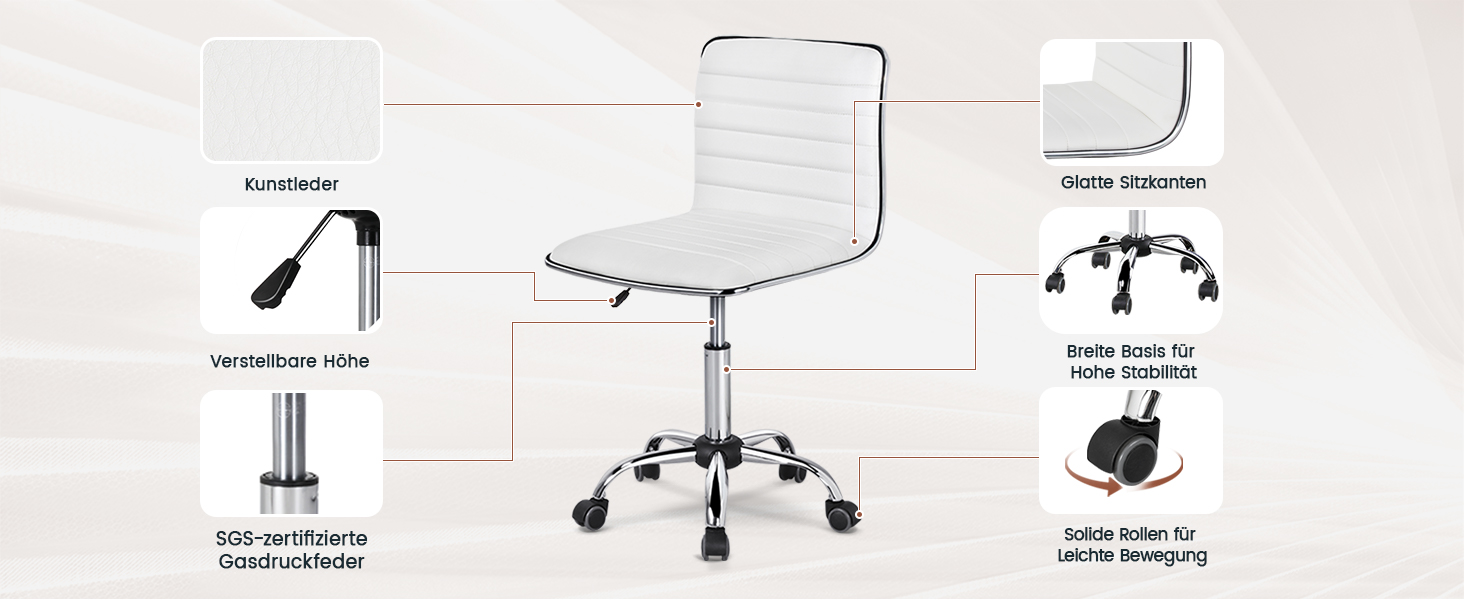 Офісне крісло Yaheetech без підлокітників, регульоване по висоті, на роликах, з штучної шкіри, 360° обертання, біле