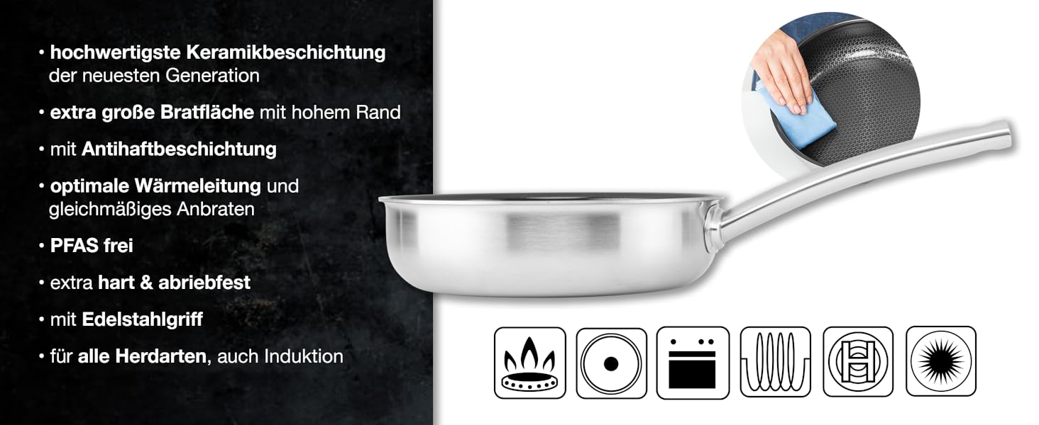 Сковорода Moritz & Moritz антипригарна 28 см індукційна з керамічним покриттям та стільниковою структурою. Нержавіюча сталь, високі борти, для всіх плит (газ, електро, індукція). Без кришки, діаметр 28 см