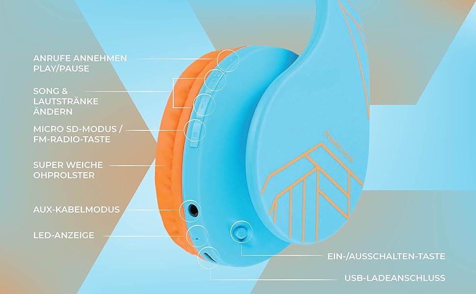Дитячі навушники PowerLocus Bluetooth з обмеженням гучності 85dB, складні, з чохлом, Over-Ear, бездротові та провідні з мікрофоном, Micro-SD для телефону, ПК, планшета, помаранчеві