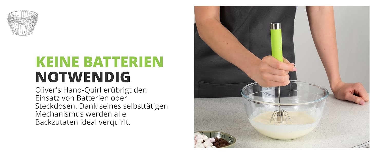Ручний міксер Oliver's Kitchen® Hand-Quirl - Автоматичний вінчик для яєць, масла, вершків, кави, коктейлів | Без батарейок, компактний, зелений