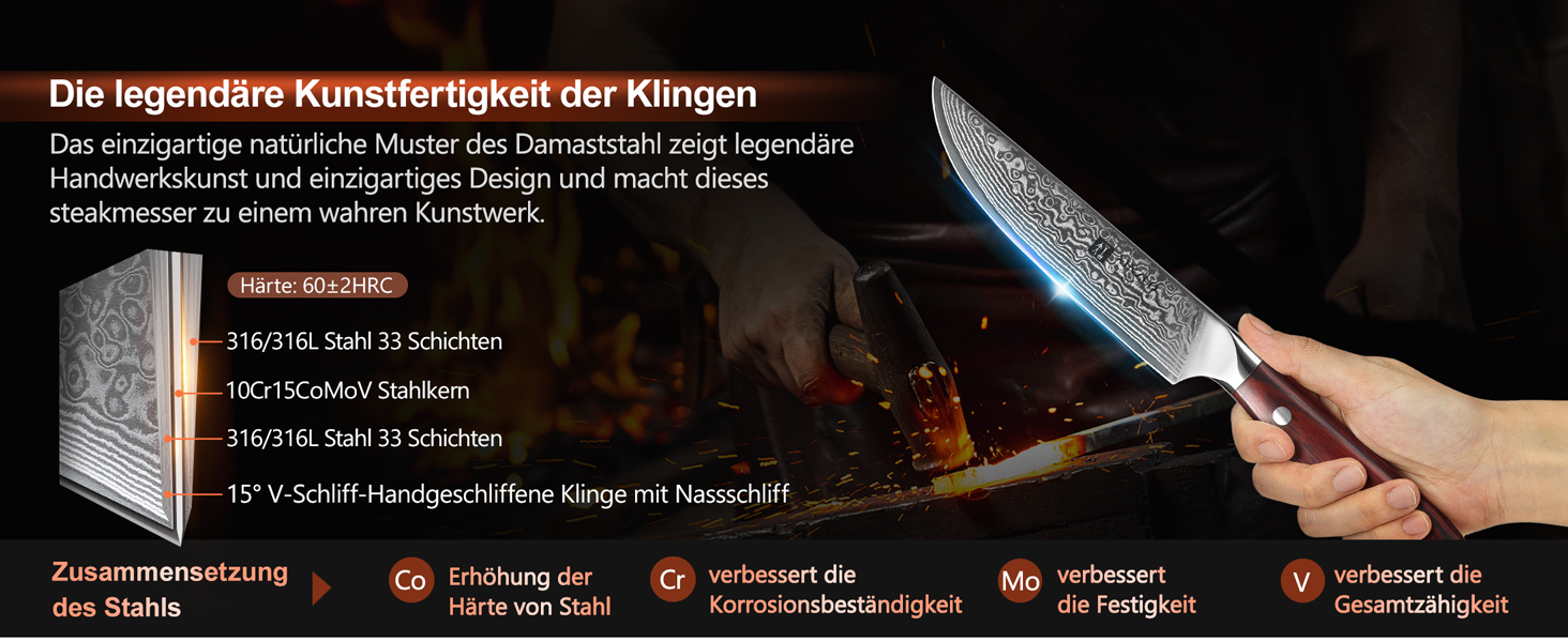 XINZUO Damascus Chef's Knife Set - 67 Layer High Carbon Steel, Professional Gyuto Knife with Rosewood Handle (5-Piece Steak Knife Set)