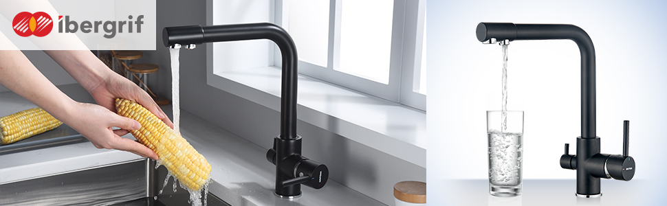 Кухонний змішувач 3-в-1 з поворотним виливом 360°, з двома важелями, для фільтрації води, гарячої та холодної води, високого тиску, з 3 шлангами 50 см, нержавіюча сталь, матовий чорний