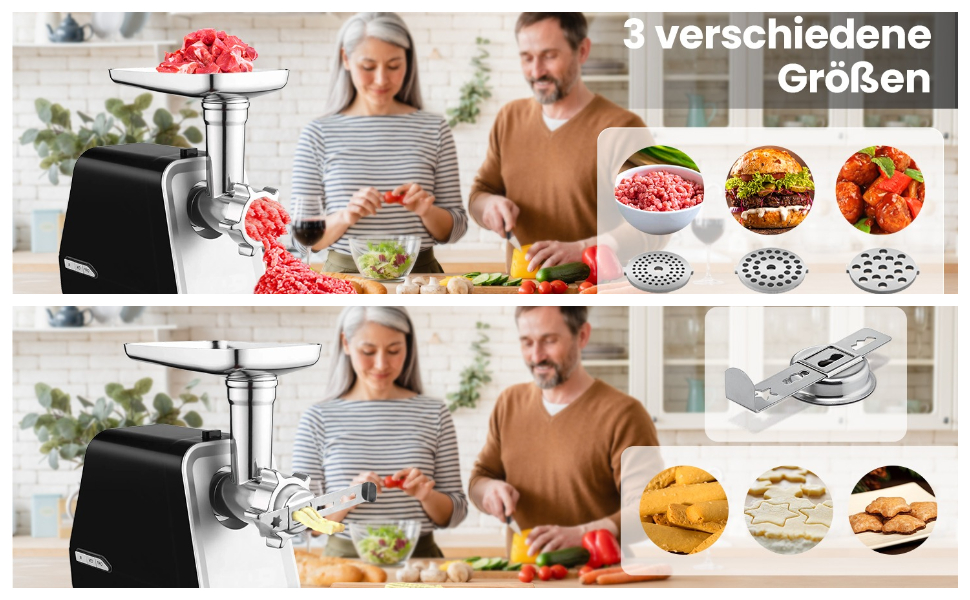 М'ясорубка електрична COOCHEER Profi з насадкою для ковбас та печива, 2000 Вт, 3 диски, насадка для кібе, чорна