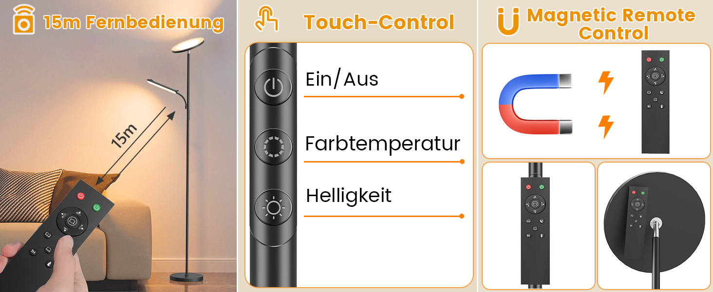 Стійка лампа для вітальні з регулюванням яскравості, 42W LED, 4200LM, з регулюванням кольору 2700K-6500K, з пультом та сенсорним керуванням