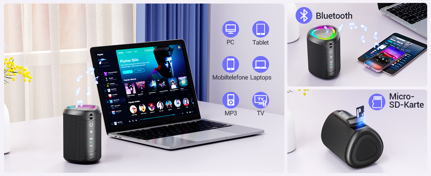Портативна Bluetooth колонка UOHHBOE з RGB підсвічуванням, 15W, TWS, водонепроникна IPX5, AUX, TF картка, 15 годин роботи
