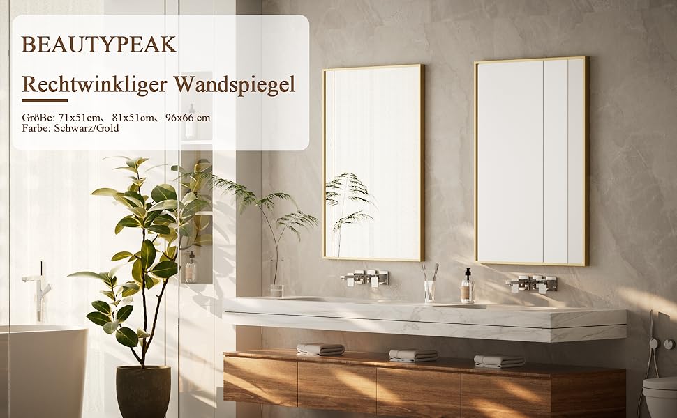 Дзеркало настінне прямокутне Beautypeak 81x61 см з металевим каркасом, безпечне для ванної кімнати, спальні, вітальні, золотий колір