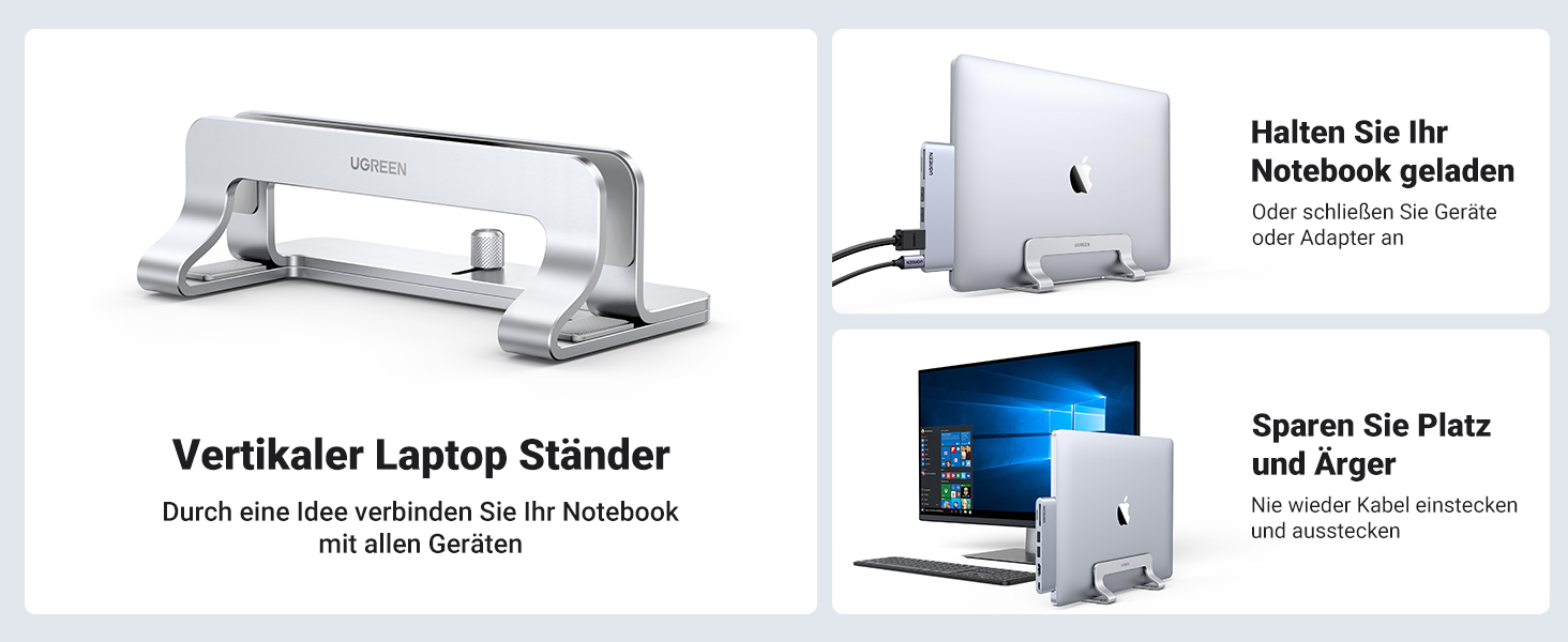 Підставка для ноутбука UGREEN вертикальна, алюміній, 3 слоти, для MacBook Pro/Air, iPad, Huawei, Surface, Dell, HP - срібна