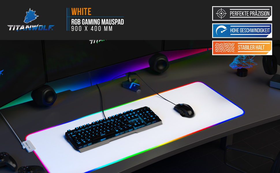 Ігровий килимок для миші TITANWOLF RGB XXL (800x300 мм) з LED-підсвіткою, 11 режимів освітлення, вологостійкий, білий