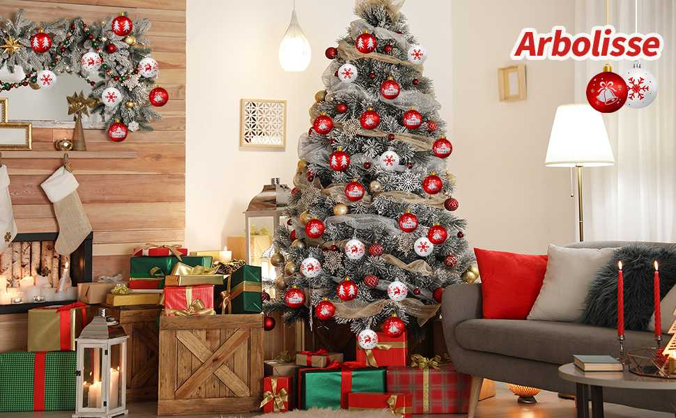 Шарм-кулі для ялинки з пластику, 16 шт. Червоні та білі прикраси для ялинки з стрічкою, декор до Різдва