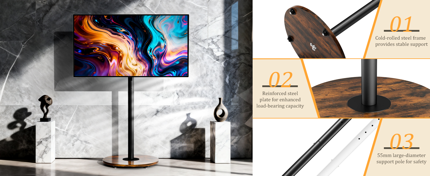 Підставка для телевізора Unho з регульованою висотою та коліщатками, для екранів 40-75 дюймів, VESA 600x400 мм, до 50 кг (Чорний)