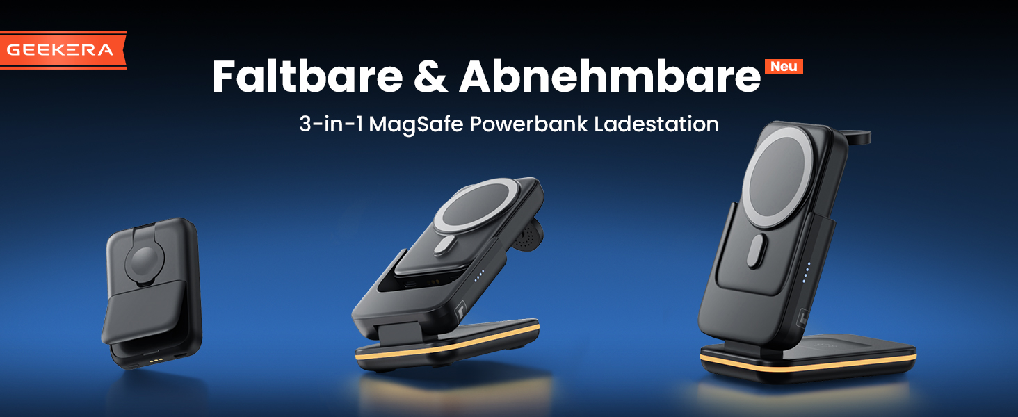 GEEKERA 3-в-1 Магнітна бездротова зарядка Powerbank 5000mAh: для iPhone 12-17, Apple Watch, AirPods, Samsung Galaxy - Чорний