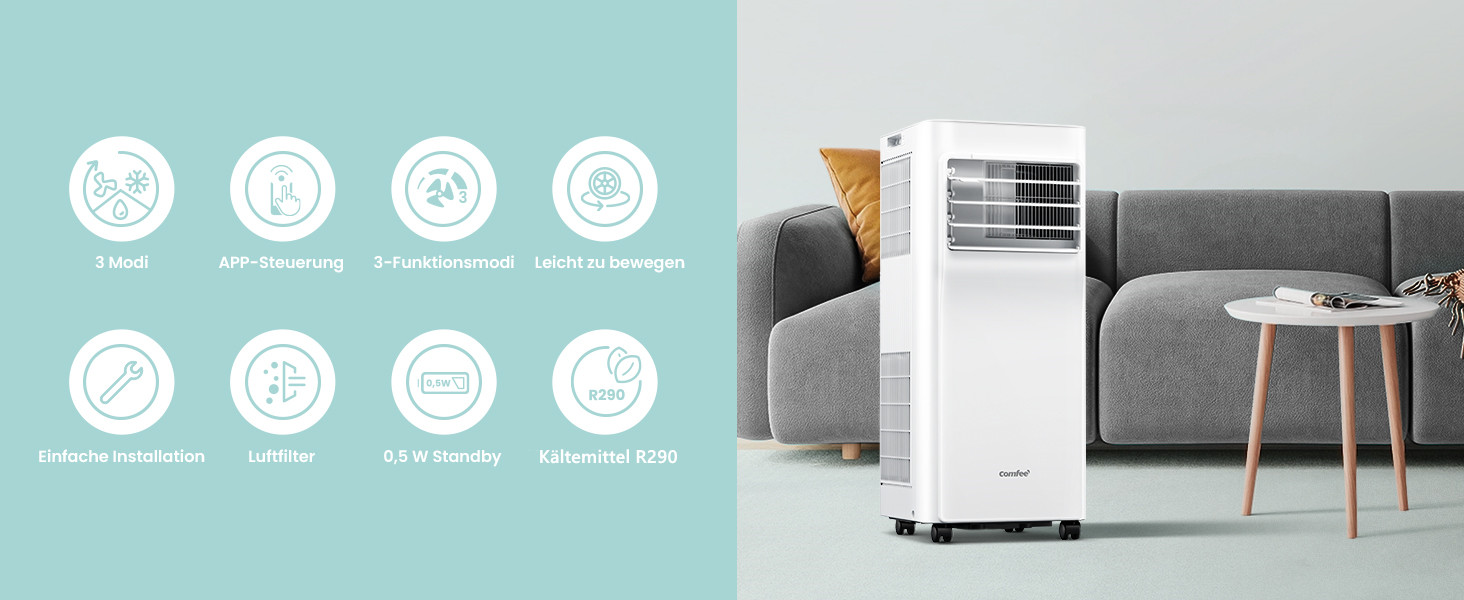 Мобільний кондиціонер Comfee Breezy Cool Pro 2.0, 7000 BTU (2.0kW), охолодження, вентиляція, осушення, керування через додаток, для кімнат до 68м³
