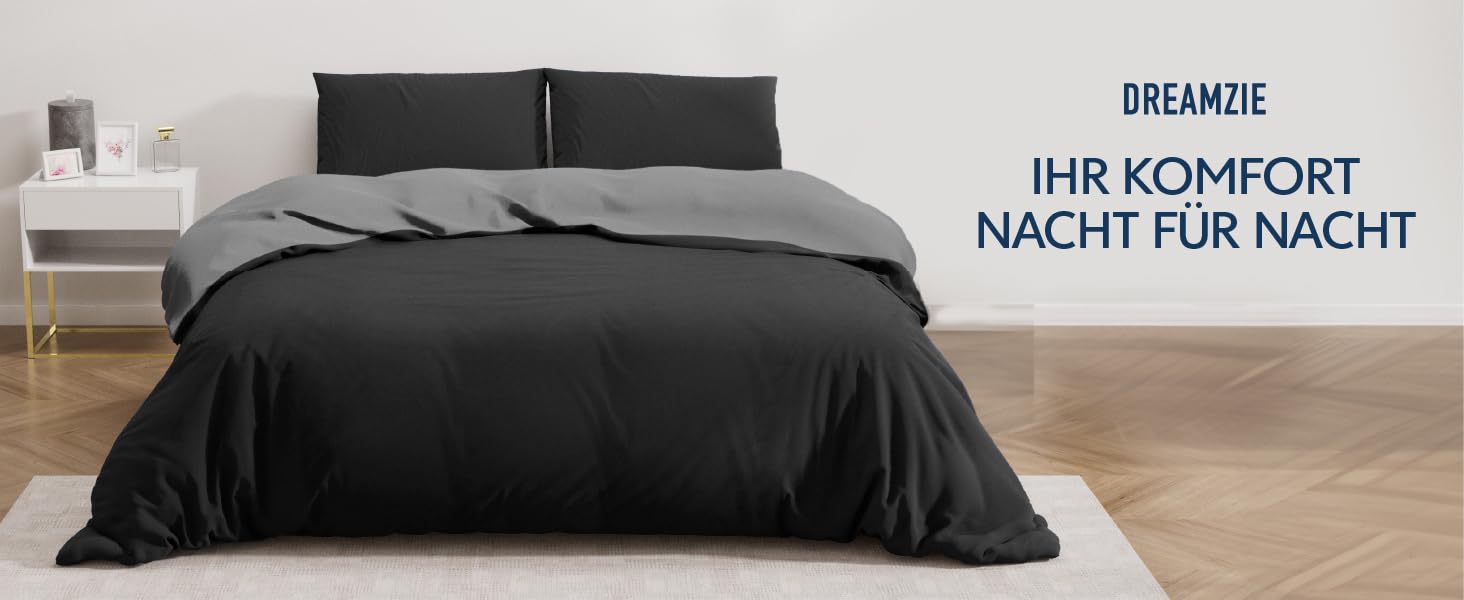 Комплект постільної білизни Dreamzie 240x220 см з 2 наволочками 80x80 см, чорний/темно-сірий. 100% мікрофібра, сертифікат Oeko TEX.