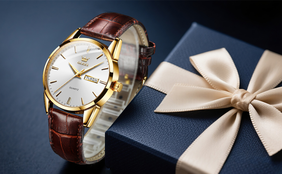 Чоловічий годинник OLEVS з нержавіючої сталі, кварцовий аналоговий годинник, класичний діловий годинник, водостійкий годинник з підсвічуванням, дата, ремінець з натуральної шкіри (білий циферблат/коричневий ремінець)