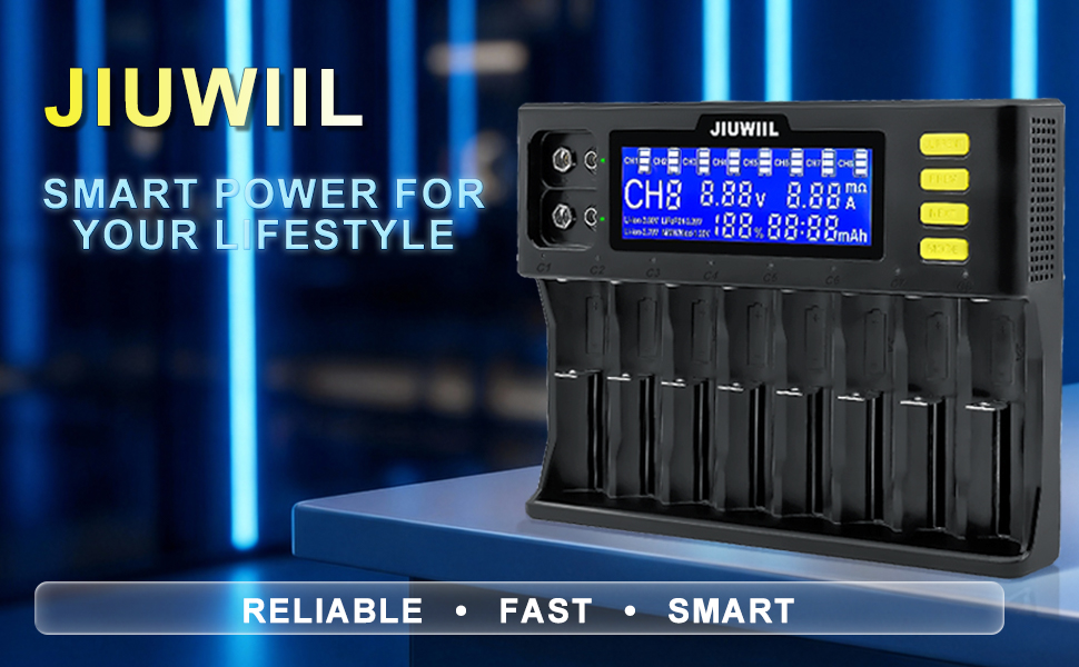 Зарядний пристрій JIUWIIL для акумуляторів 18650, Li-Ion/LiFePO4 (8+2 слоти) з LCD-дисплеєм – швидка зарядка 26650, 17500, 16340, 14500, 10440, 9V