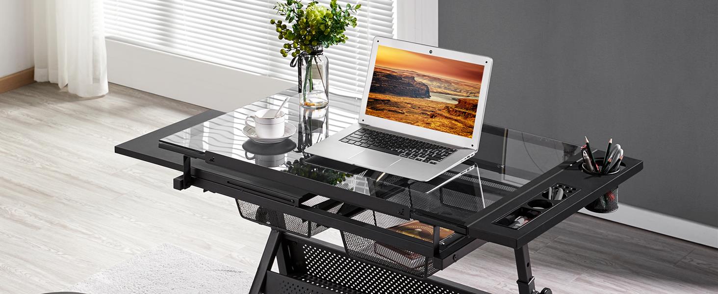 Yaheetech Adjustable Height Drafting Table Set with Tilt-Top, Storage & Stool - Drawing/Art Desk for Artists - Black