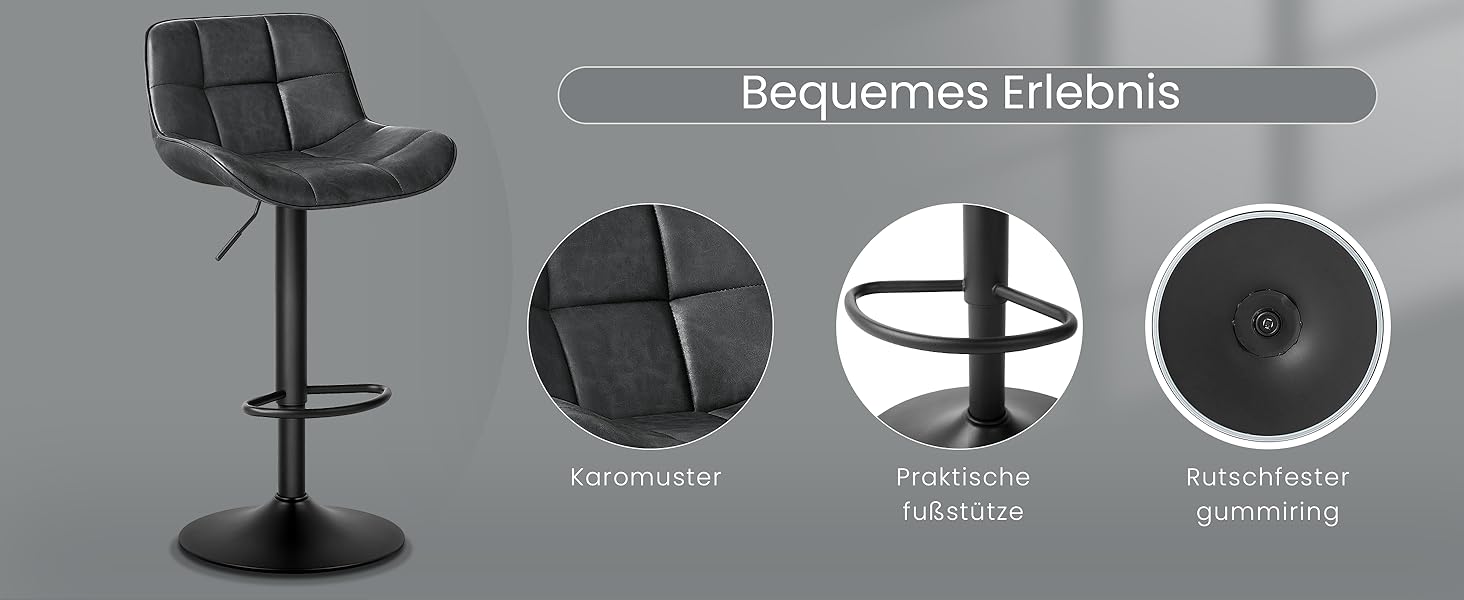 Барний стілець EUGAD регульований по висоті, 360° обертання, з підніжкою, спинкою, м'який, з штучної шкіри, для бару, метал, сірий (Антрацит), 49x36 см