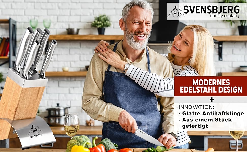 Набір кухонних ножів SVENSBJERG з підставкою: 5 професійних ножів з нержавіючої сталі, бамбукова підставка, сучасний дизайн, SB-MB101-KS101