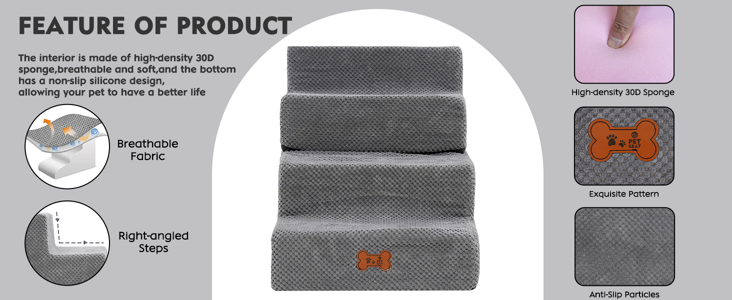 Сходинки для собак маленьких порід, 4 сходинки, 44 см, знімні, миючіся, з м'якого пінополіуретану, антиковзні, для ліжка/дивану/автомобіля