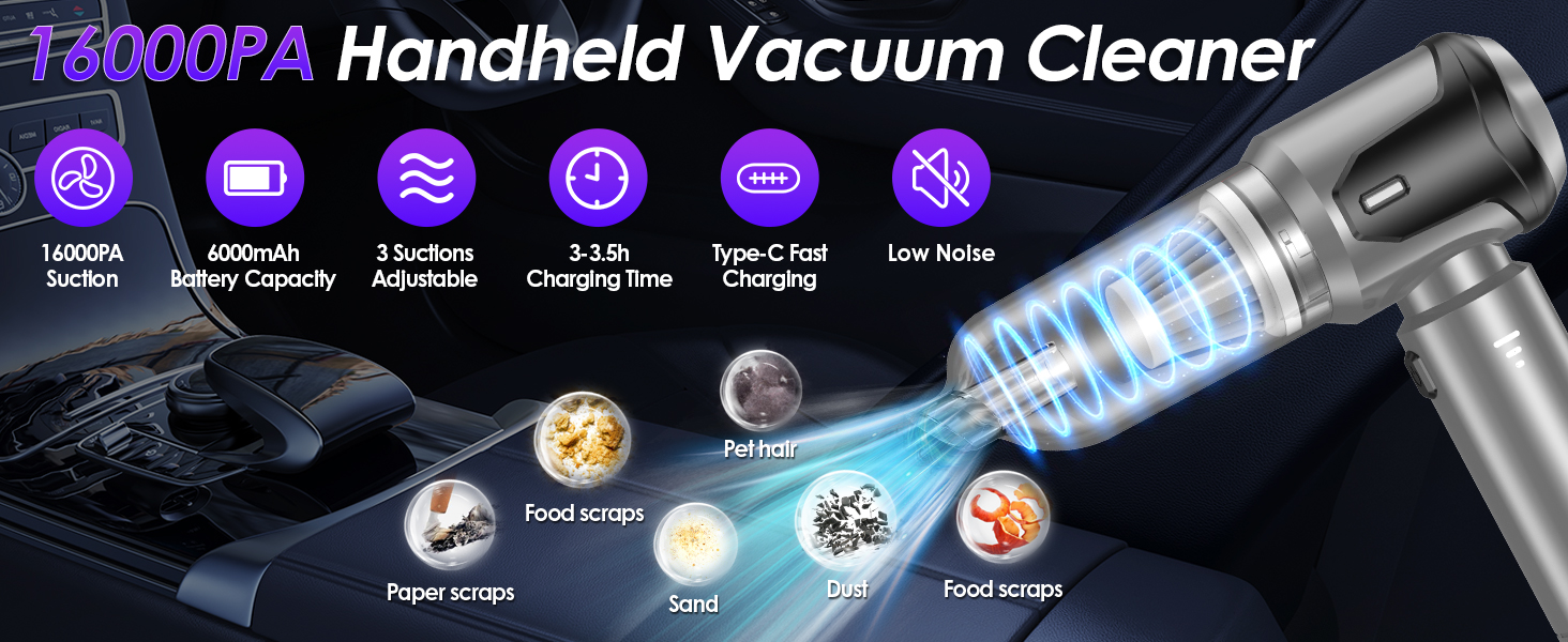 Бездротовий ручний пилосос Unipampa 16000PA, 100W, 6000mAh, для дому, авто, офісу, видалення шерсті тварин (сірий)