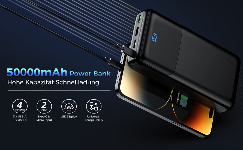 Power Bank 50000mAh з LED дисплеєм, 30W швидка зарядка, USB-C, 4 виходи та 2 входи - для iPhone, Android та планшетів