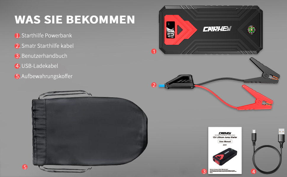 Powerbank для автомобіля Starthilfe: пусковий пристрій, 4000A, 12V, USB, LED, для бензинових та дизельних авто (до 8.0L)