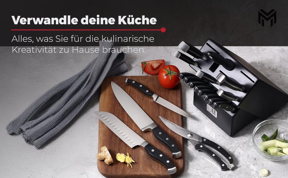 Master Maison 19-Piece Premium Kitchen Knife Set with Wooden Block | German Stainless Steel Cutlery Set with Sharpener & 8 Steak Knives